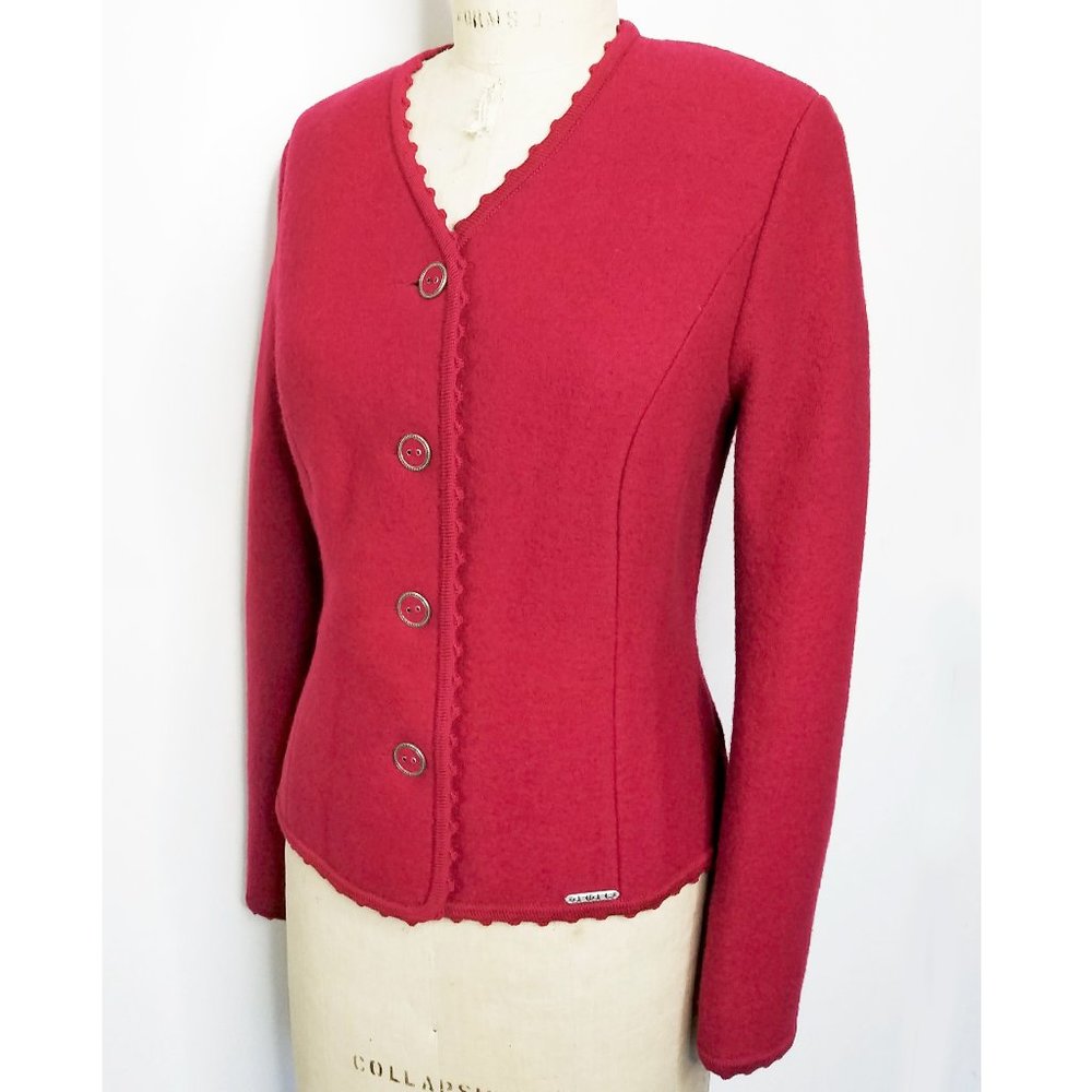 Geiger Womens Austria Boild Wool Cardigan Jacket Trim Cherry Red M